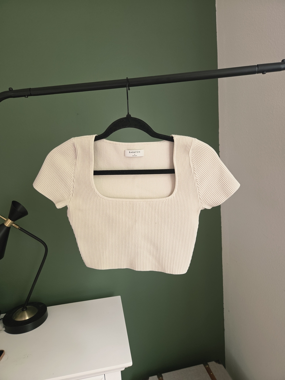 Babaton Ivory Ribbed Square-Neck Crop Top